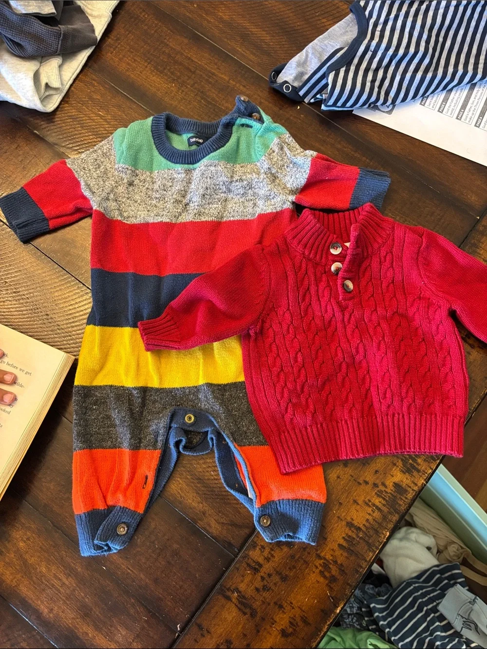 Baby Multi-Color Striped Knit Romper & Red Cable-Knit Sweater Set